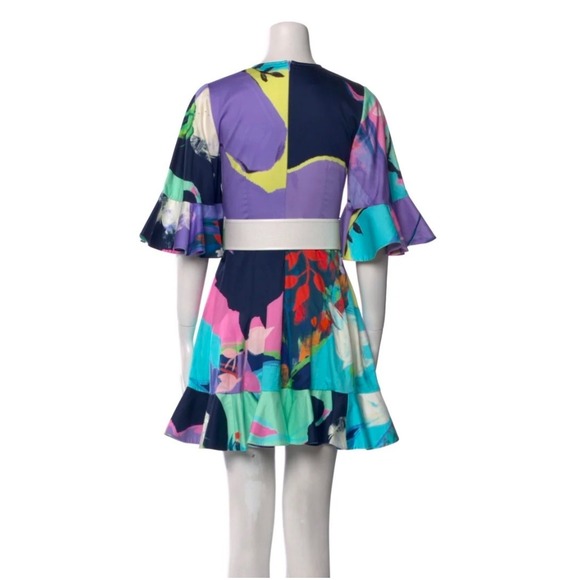 Leo Lin Illusory Mini Dress Belted Flutter Sleeve Ruffle Hem Abstract Print 6 - Picture 5 of 7